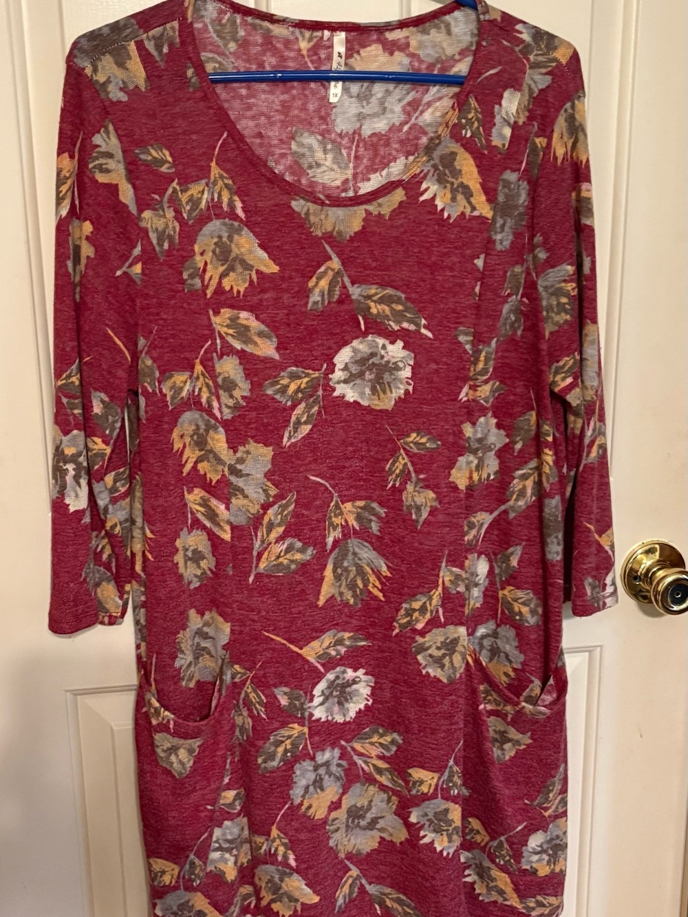 42 Pops Floral Scoop-Neck Long Sleeve Dress in Burgundy 1X
